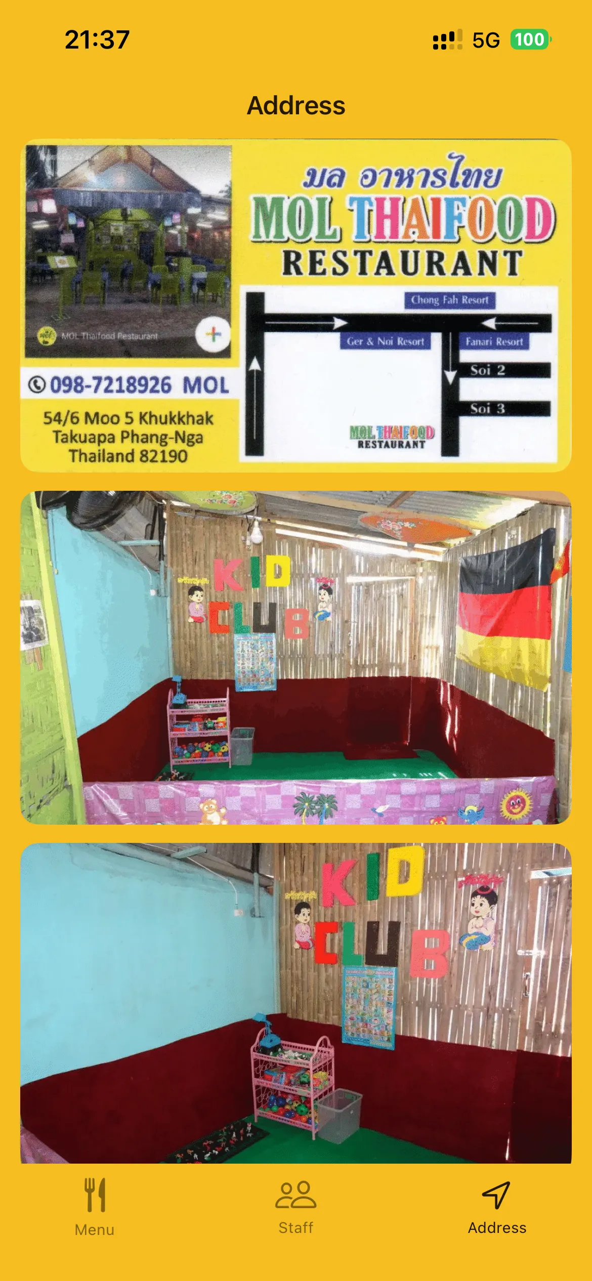 Mol Thaifood Restaurant address in Khao Lak with kids club area and restaurant photos