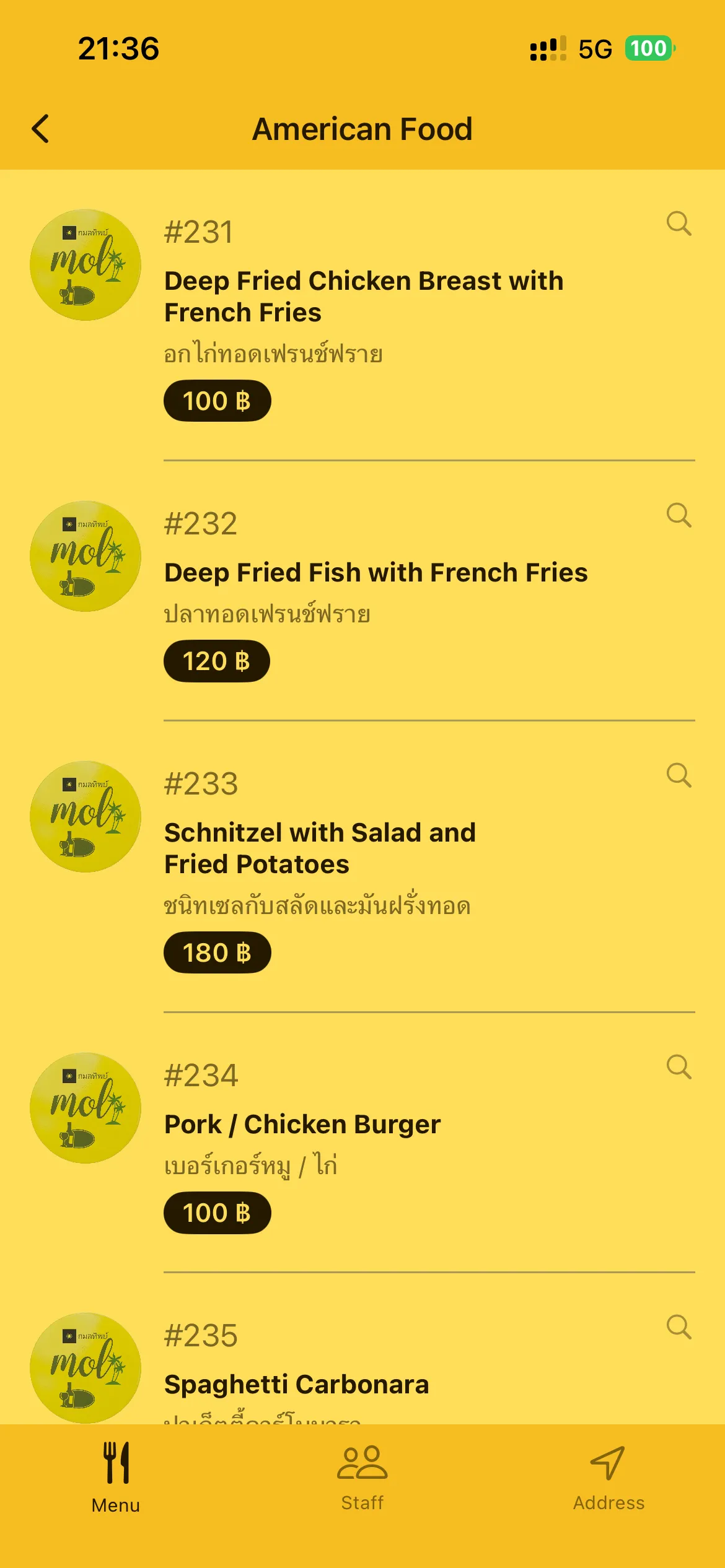 Mol Thaifood Restaurant app American food menu with chicken, fish, schnitzel and burgers