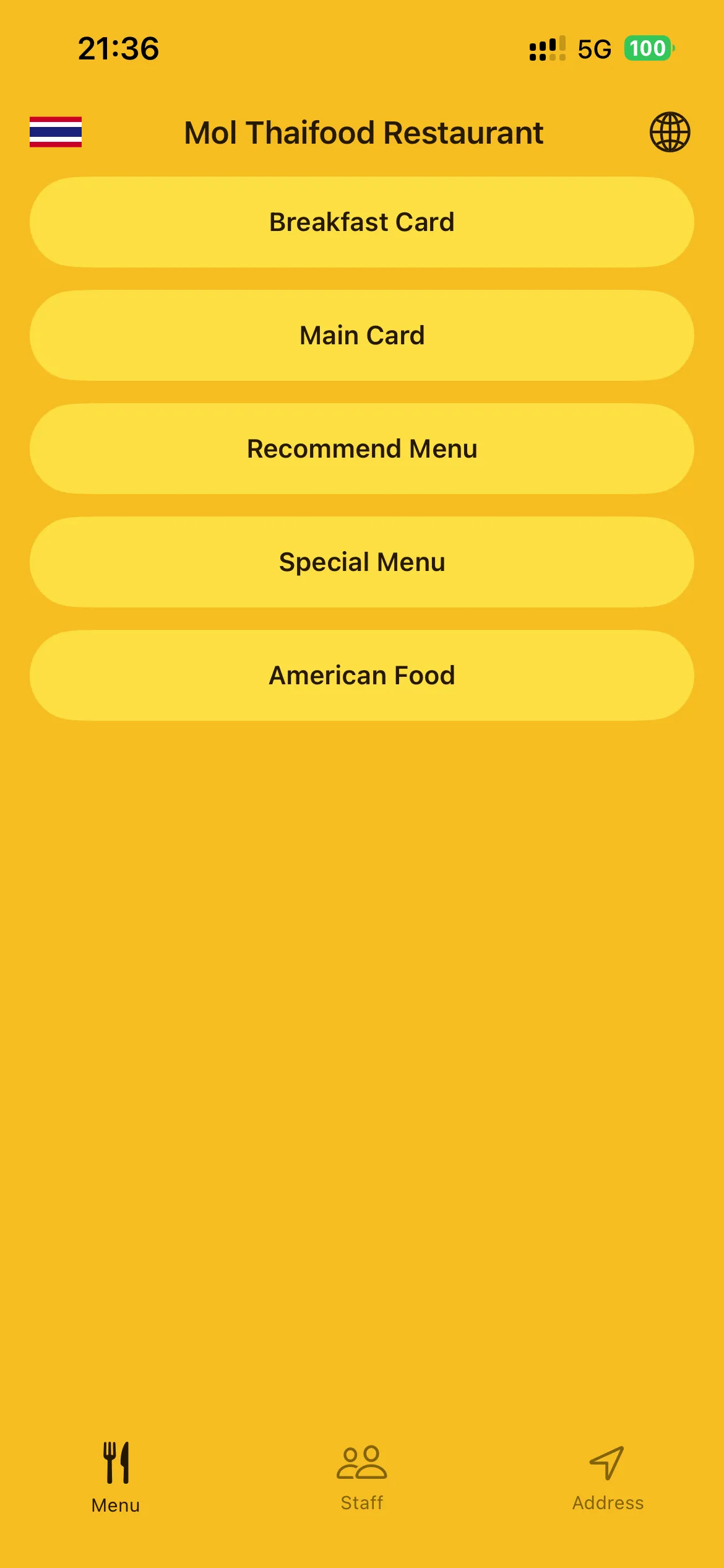 Mol Thaifood Restaurant app main menu showing Breakfast, Main Card, Recommend and Special Menu categories