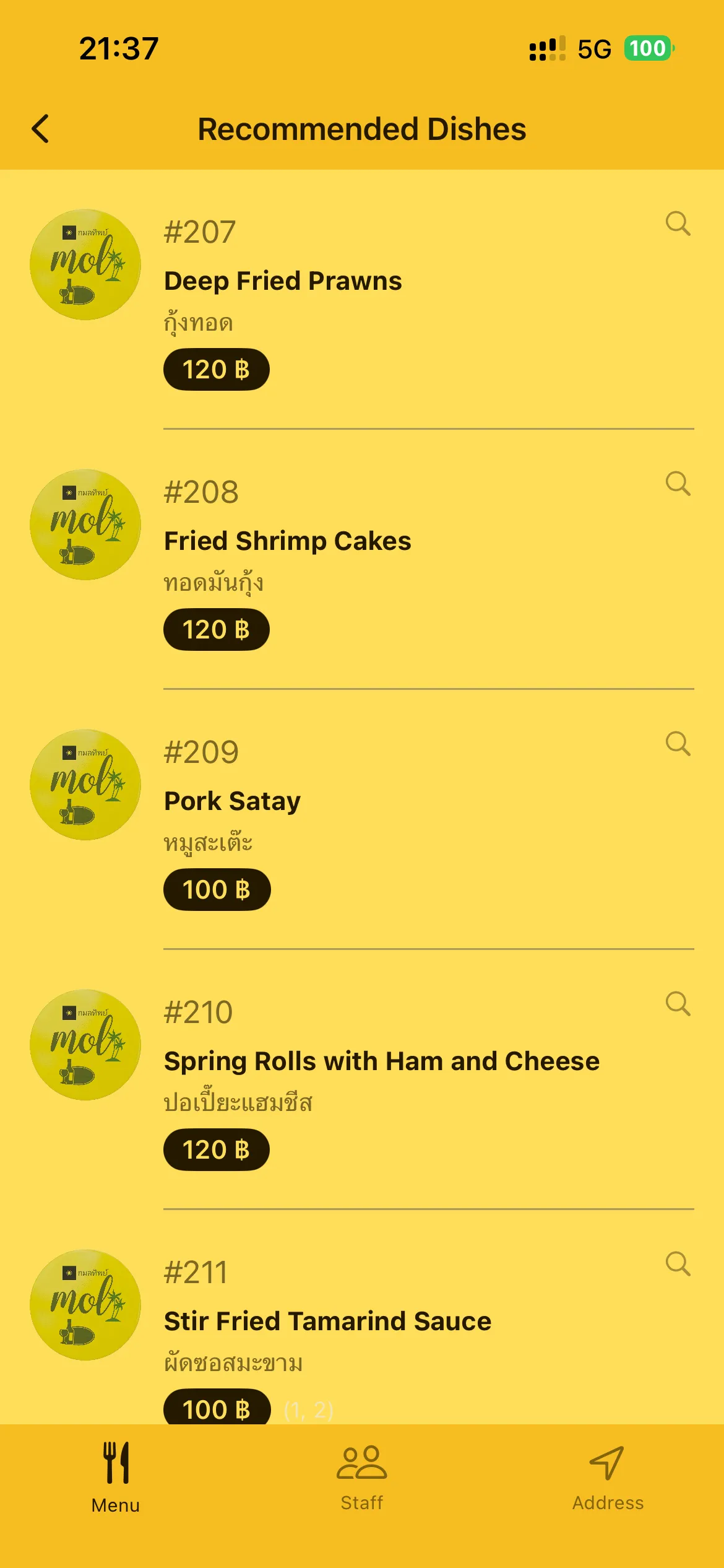 Mol Thaifood Restaurant app recommended dishes like Deep Fried Prawns, Pork Satay and Spring Rolls
